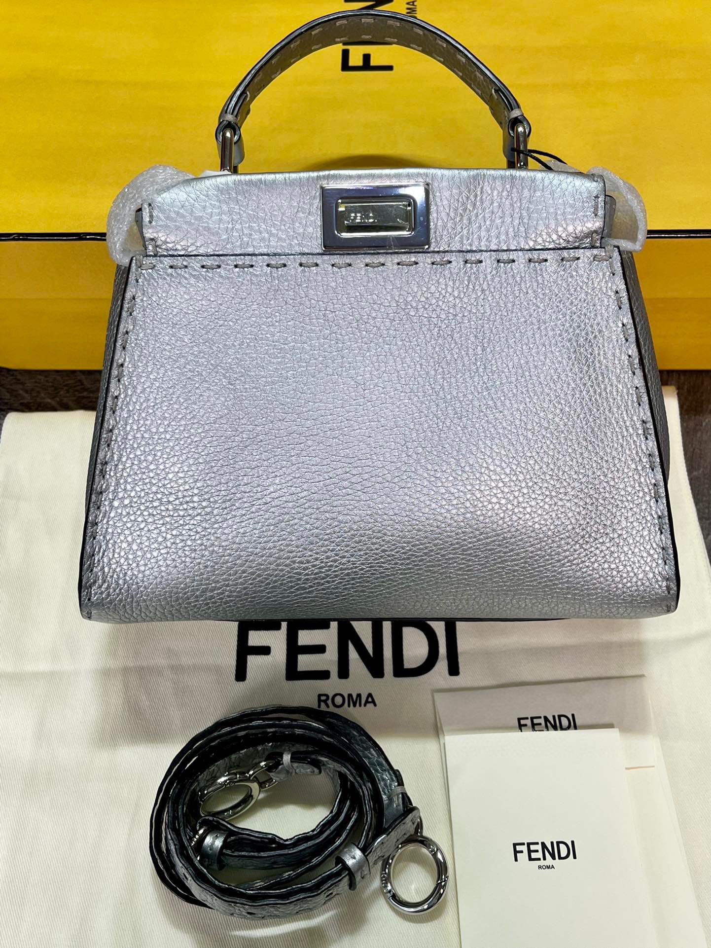 Fendi Mini Peekaboo Lconic Silver Quilted Litchi Peel Shoulder Handbag