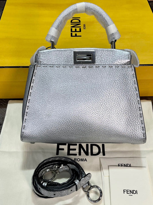 Fendi Mini Peekaboo Lconic Silver Quilted Litchi Peel Shoulder Handbag