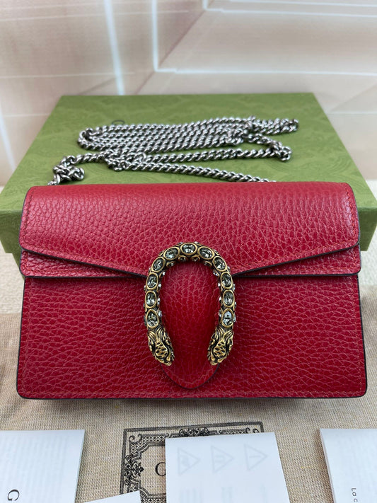 Gucci Dionysus Super Mini Red Leather Chain Wallet Shoulder Bag