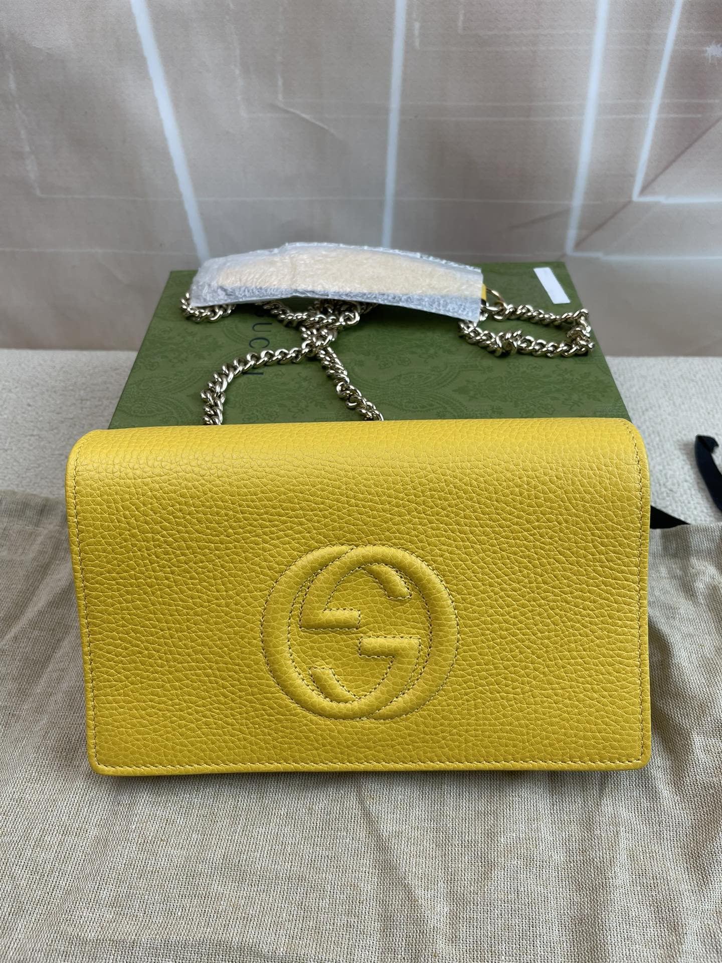 Gucci GG Yellow Litchi Pattern Chain Bag Shoulder Crossbody Bag