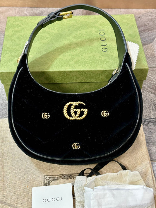 Gucci GG Marmot Black Velvet Moon Bag Shoulder Handbag