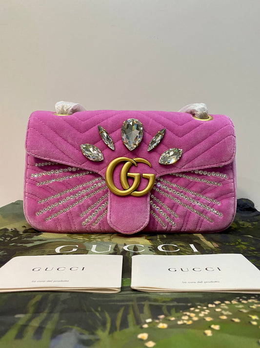 Gucci GG Marmont Pink Velvet Diamond Shoulder Bag