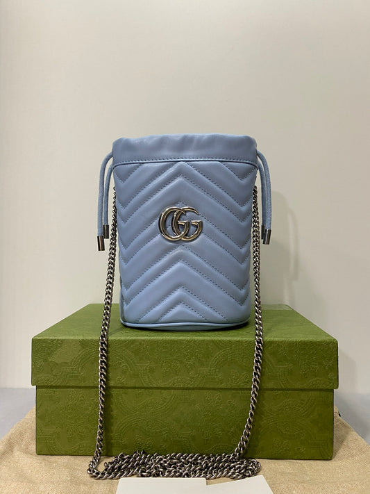 Gucci GG Marmont Quilted Drawstring Chain Blue Bucket Bag