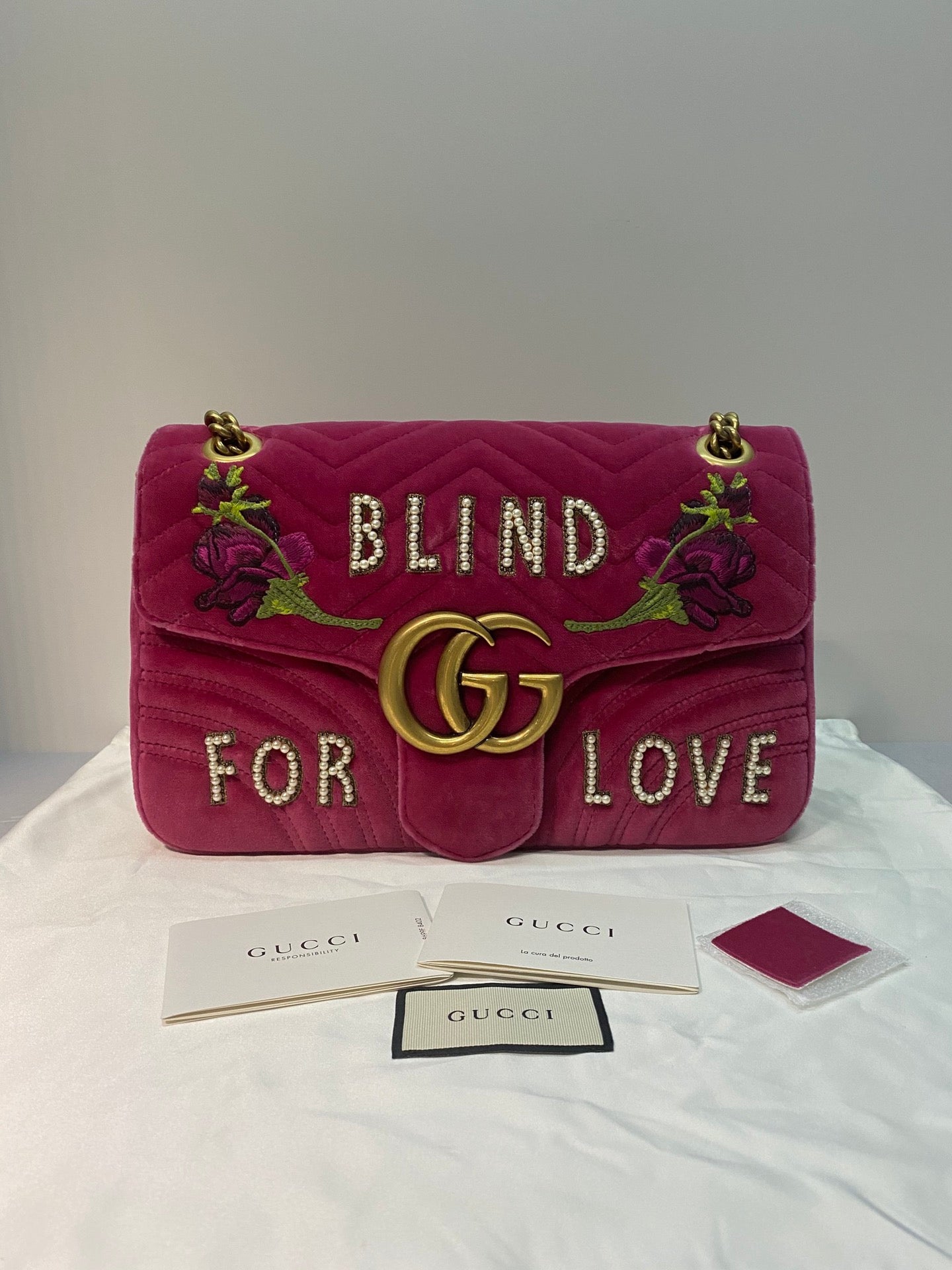 Gucci Marmont Velvet Embroidered Pearl Beaded Chain Bag