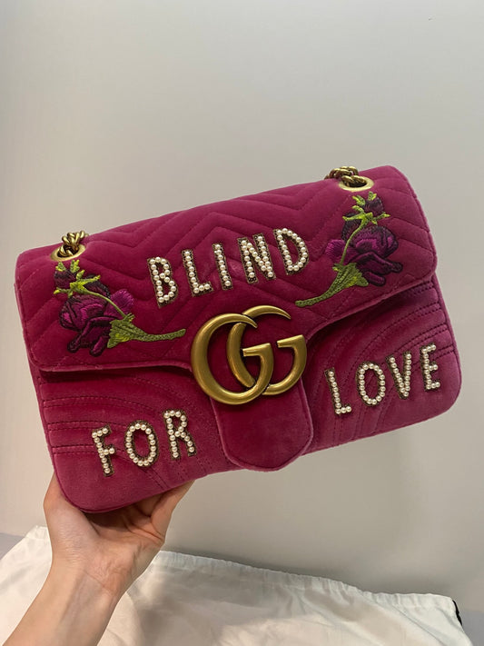 Gucci Marmont Velvet Embroidered Pearl Beaded Chain Bag