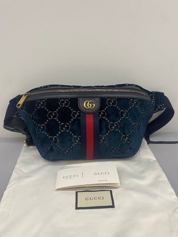 Gucci Ophidia Striped Ribbon Velvet Blue Waist Chest Bag  Unisex