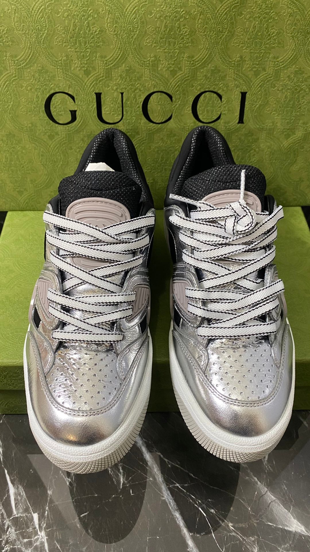 Gucci Basket Low Cut Lace Up Women's Silver Sports Shoes