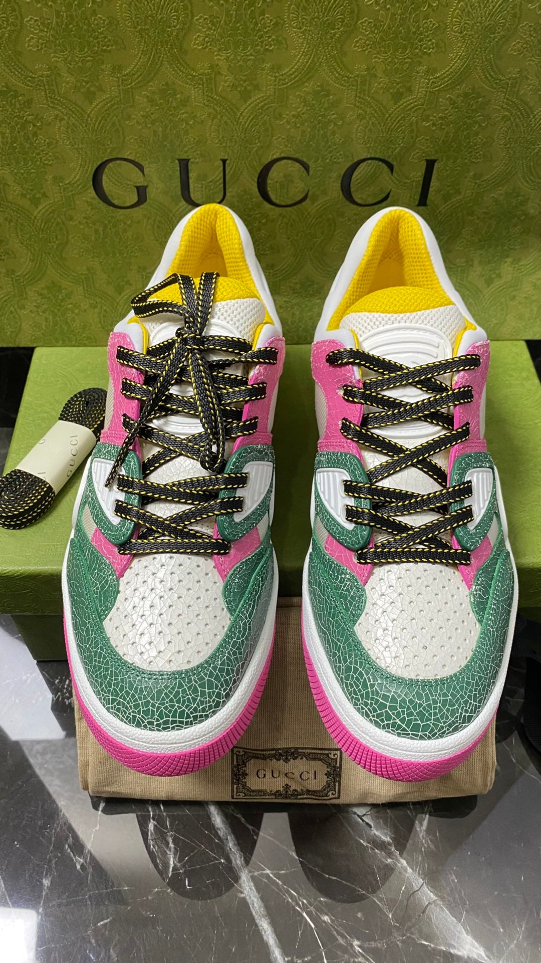 Gucci Basket Low Cut Lace Up Women's Pink Green Sports Shoes