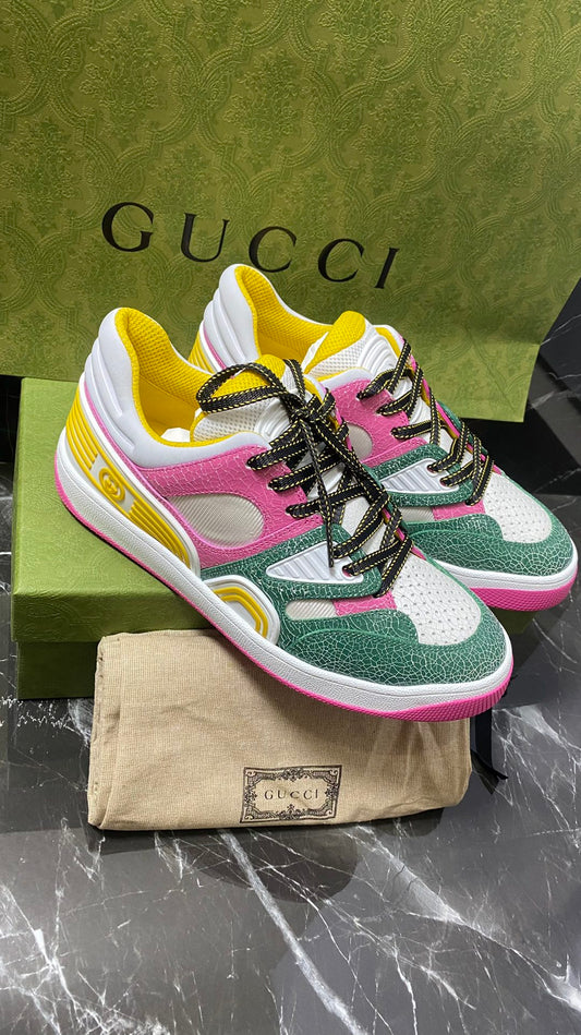 Gucci Basket Low Cut Lace Up Women's Pink Green Sports Shoes