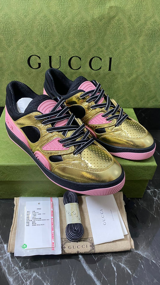 Gucci Basket Women's Pink Gold Low Top Lace Up Sneakers