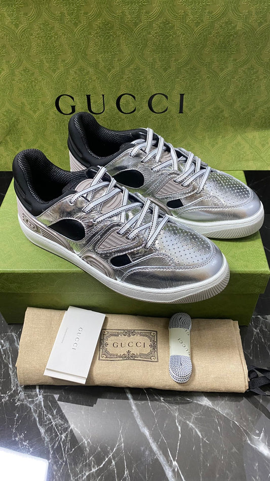 Gucci Basket Men's Silver Low Cut Lace Up Sneakers