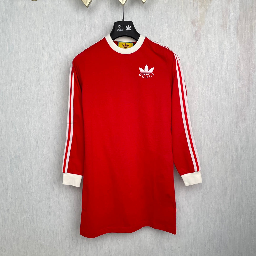 Gucci × Adidas Co branded Round Neck Long Red Sleeves Dress