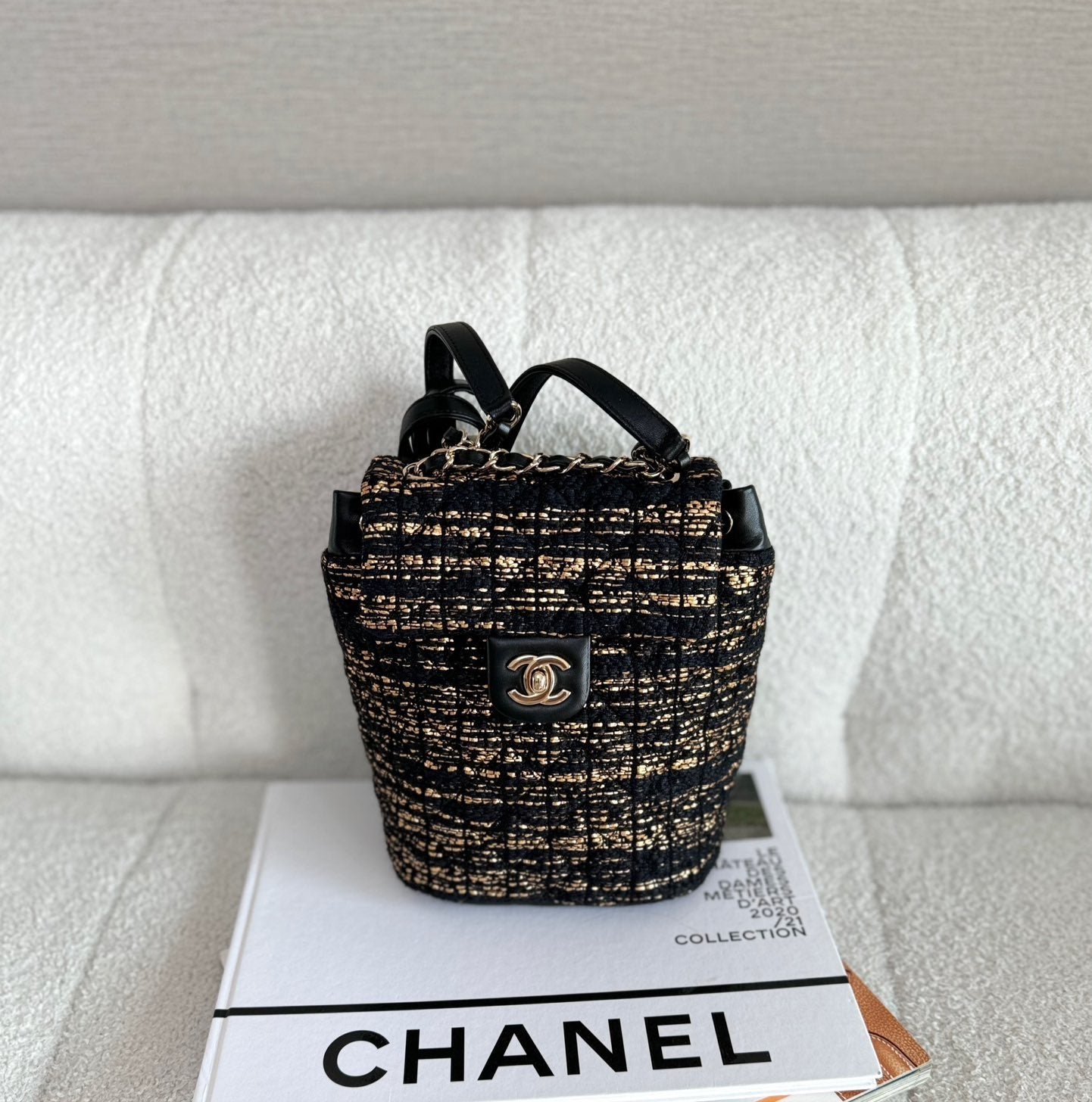 Chanel Coarse Tweed Gold Silk Backpack