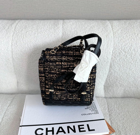 Chanel Coarse Tweed Gold Silk Backpack