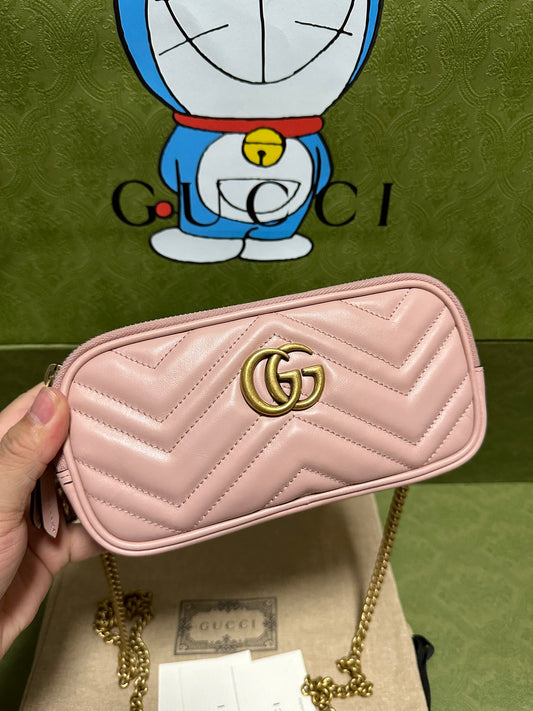 Gucci GG Marmont Gold Label Logo Mini Pink Three Layer Chain Bag