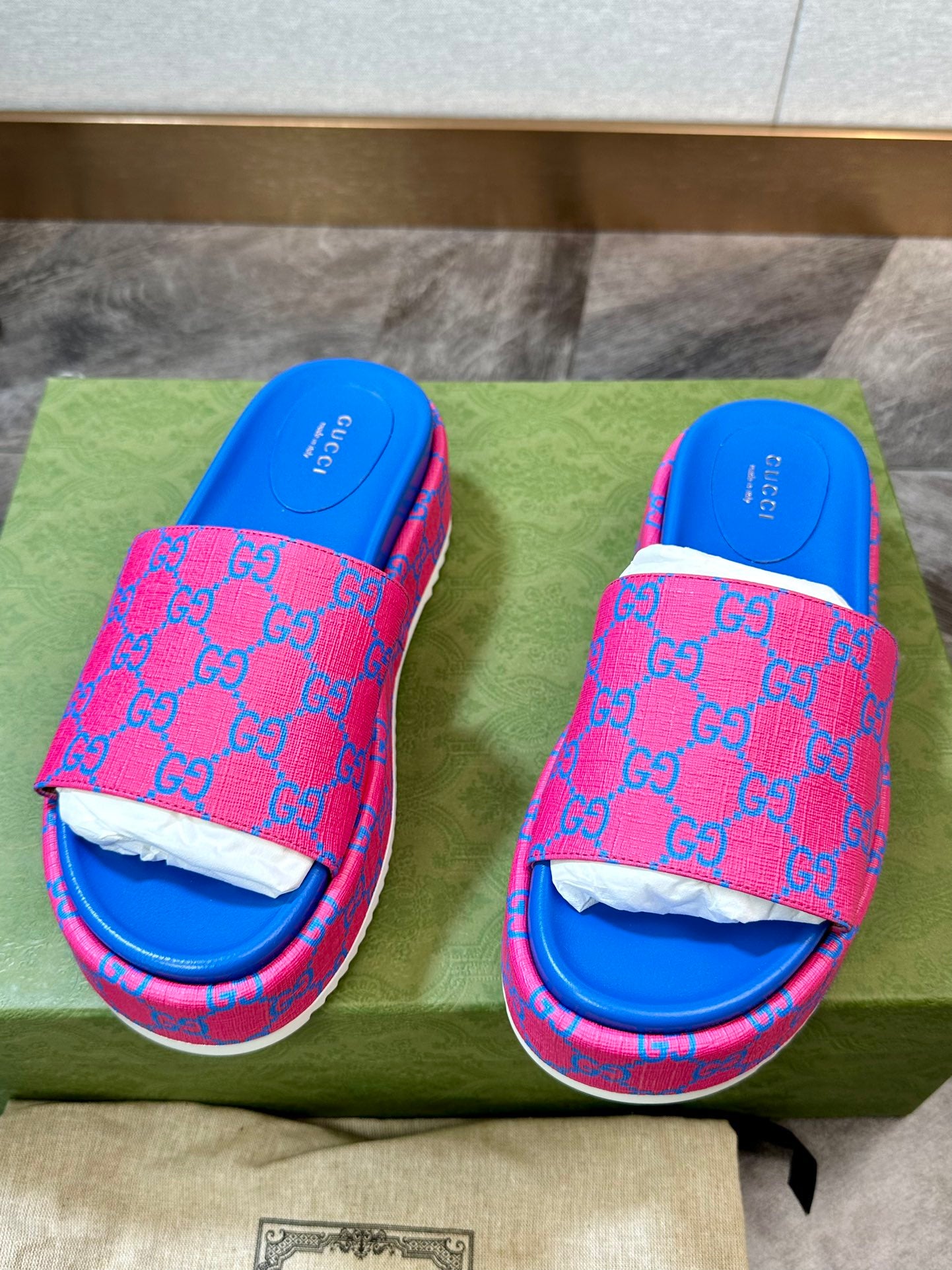 Gucci Supreme Pink And Blue Color Block Thick Sole Slippers