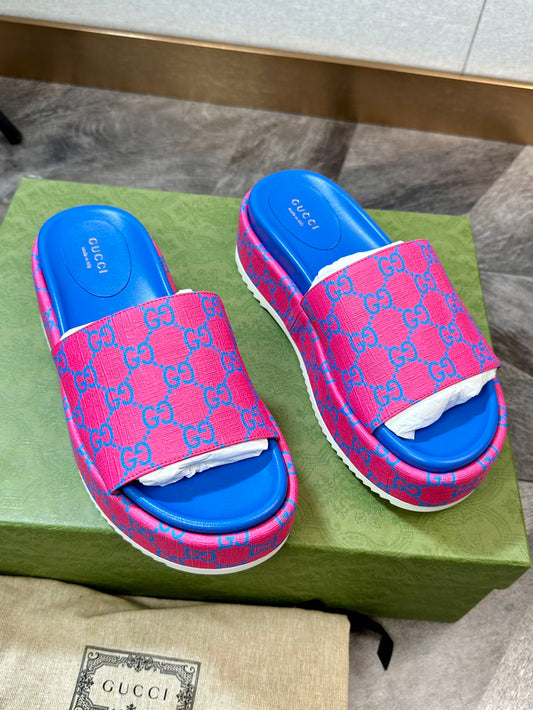 Gucci Supreme Pink And Blue Color Block Thick Sole Slippers