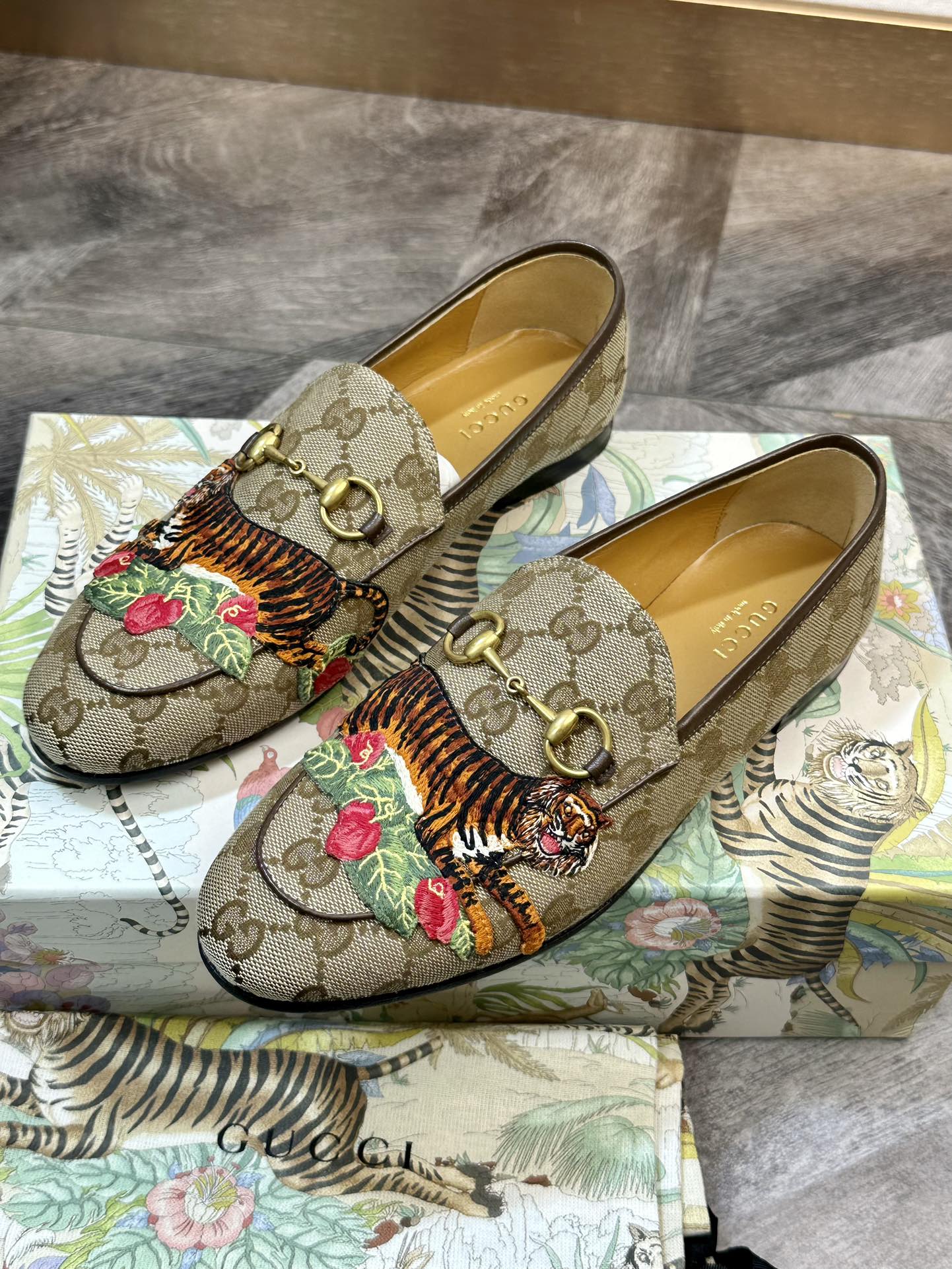 Gucci Supreme Tiger Embroidered Horsebit Loafers