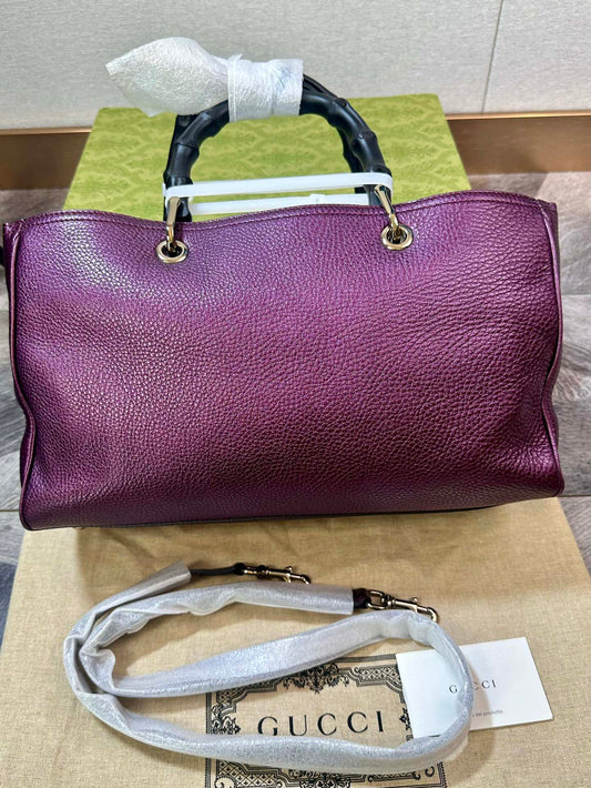 Gucci Purple Lychee Pattern Bamboo Knot Handle Shoulder Handbag