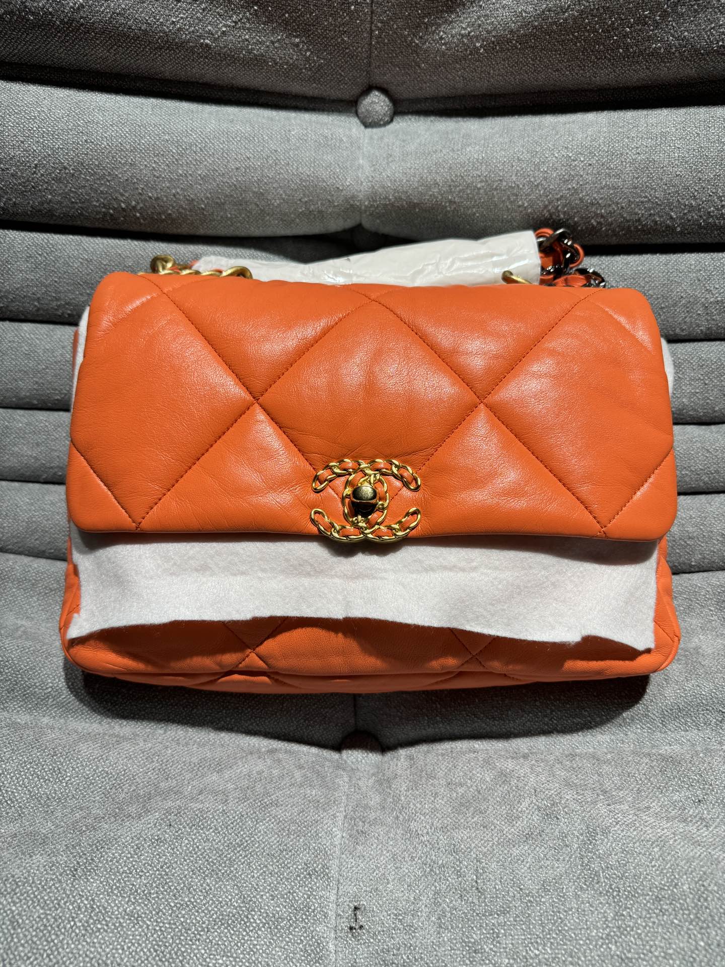 Chanel 19 Orange Checkered Shoulder Handbag