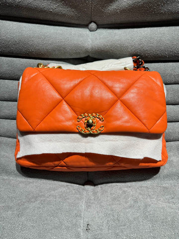 Chanel 19 Orange Checkered Shoulder Handbag