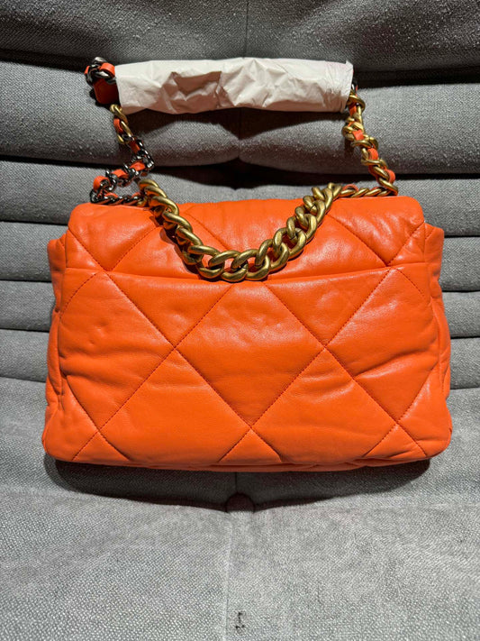 Chanel 19 Orange Checkered Shoulder Handbag