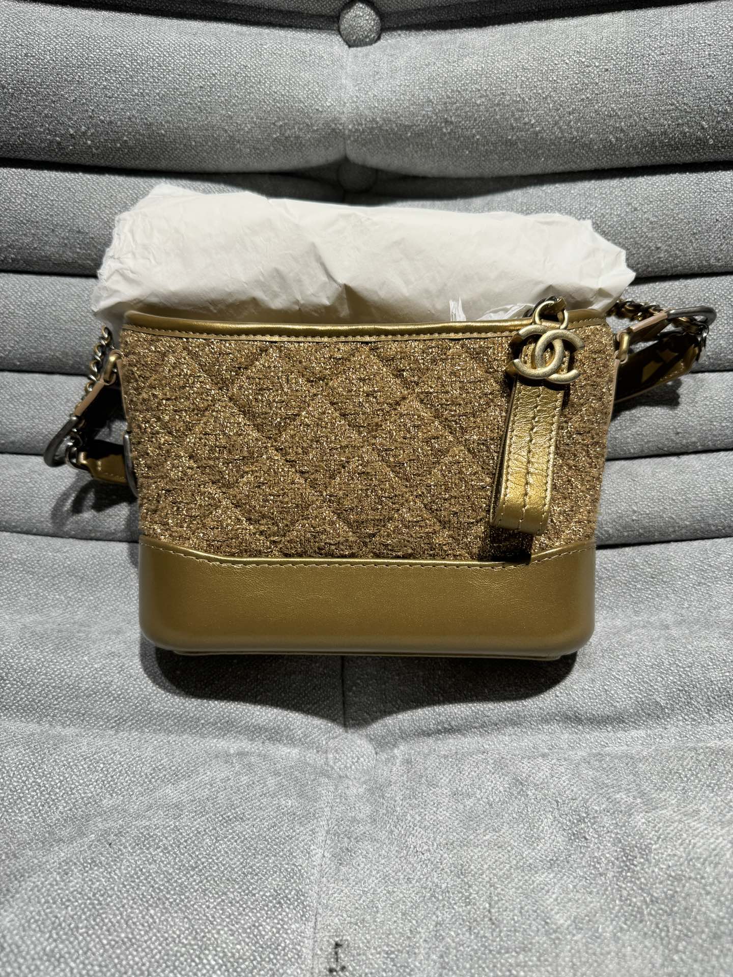 Chanel Gold Woolen Woven Shoulder Crossbody Bag