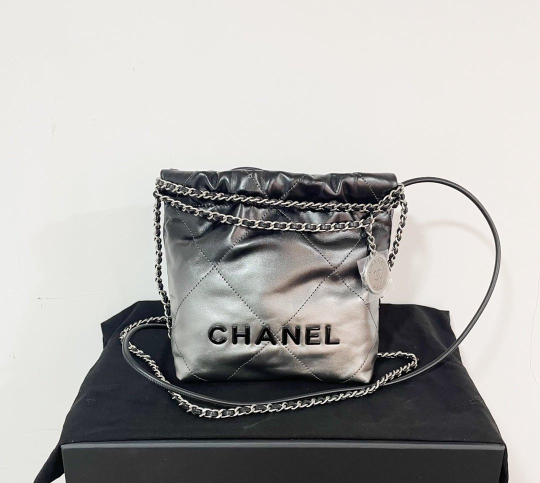 Chanel Black Silver Gradient Drawstring Bucket Bag