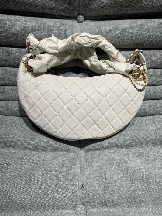 Chanel White Pearl Chain Half Moon Bag