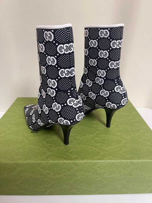 Gucci Women's Black And White Knitted High Heel Short Boots