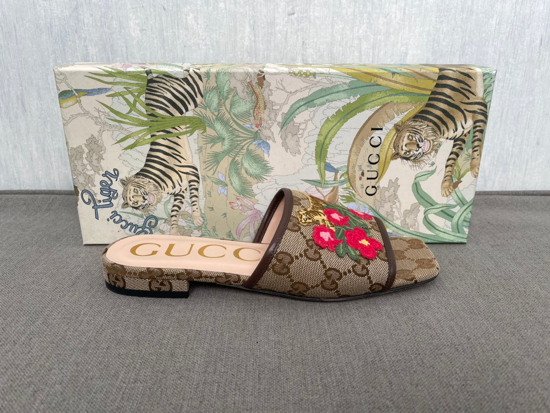 Gucci Women's Tiger Flower Embroidered Slippers