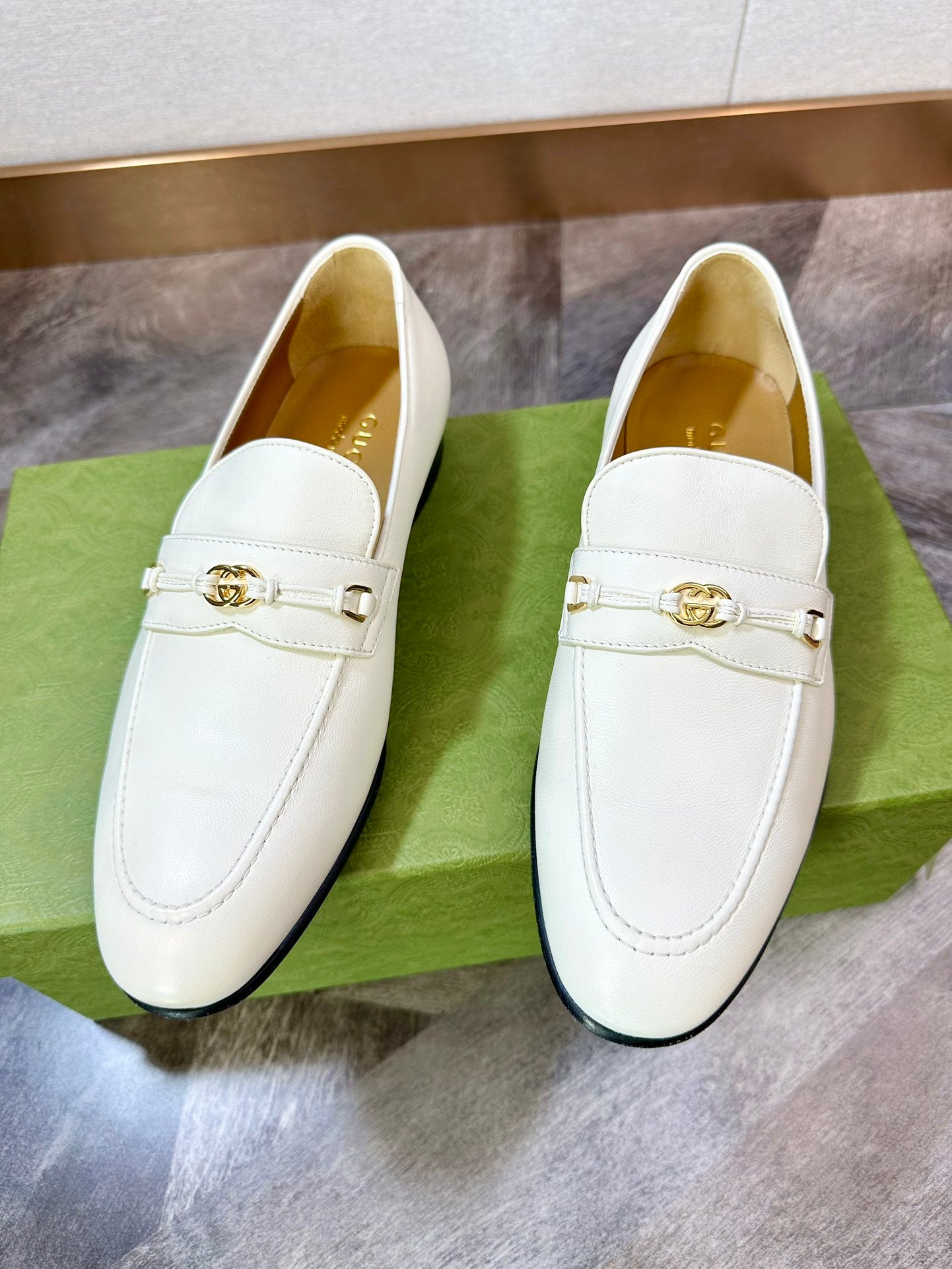 Gucci White Horsebit Loafers