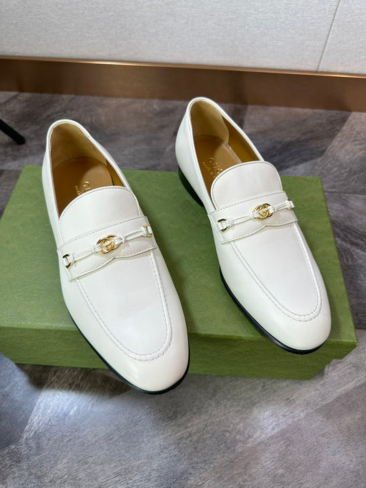 Gucci White Horsebit Loafers