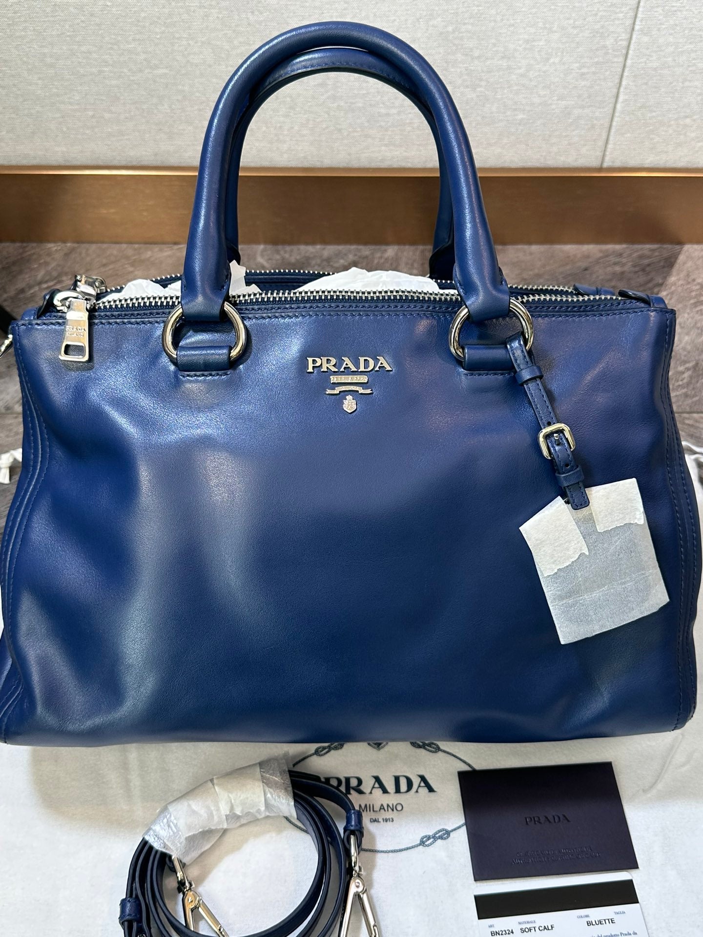 Prada Blue Leather Tote Bag Boston Medium Size