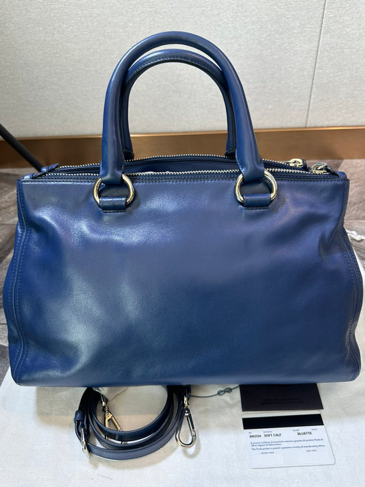 Prada Blue Leather Tote Bag Boston Medium Size