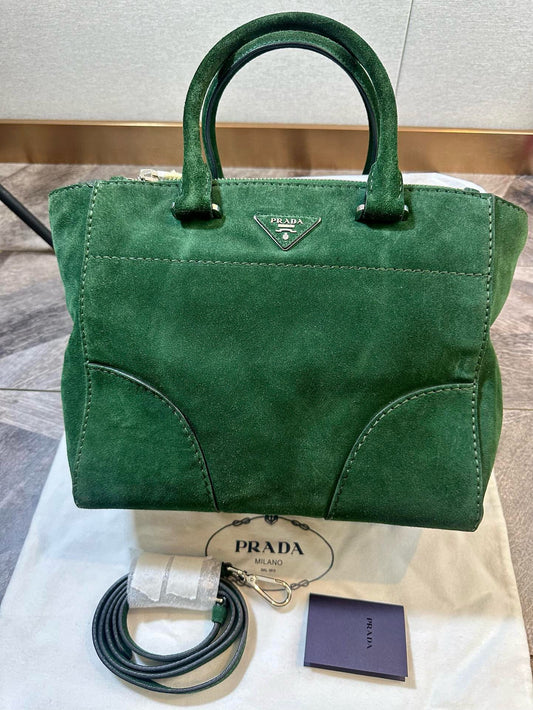 Prada Green Suede Logo Tote Bag Shoulder Bag