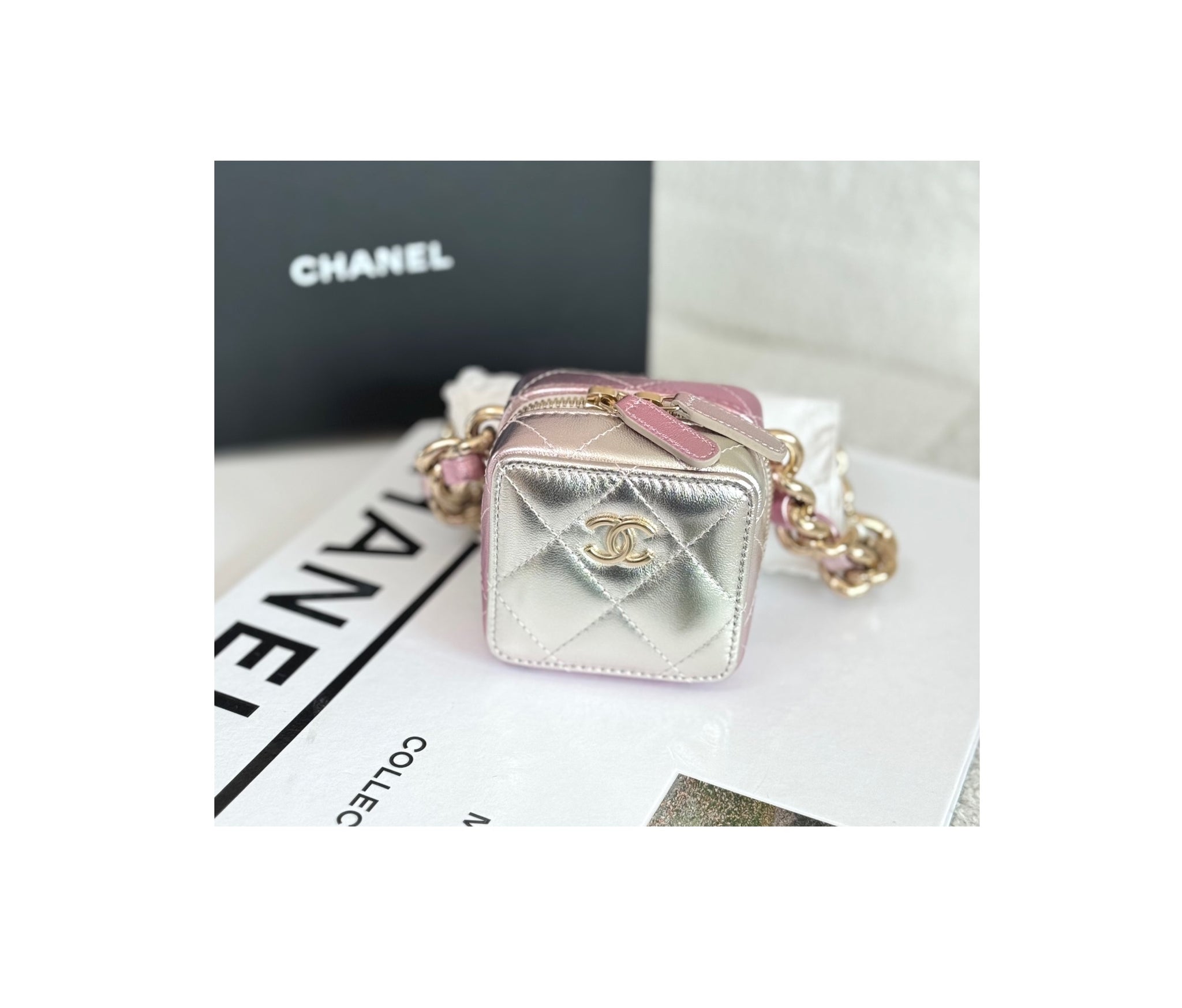 Chanel Metallic Silver/Pink Gradient Leather Coco Punk Cube Bag