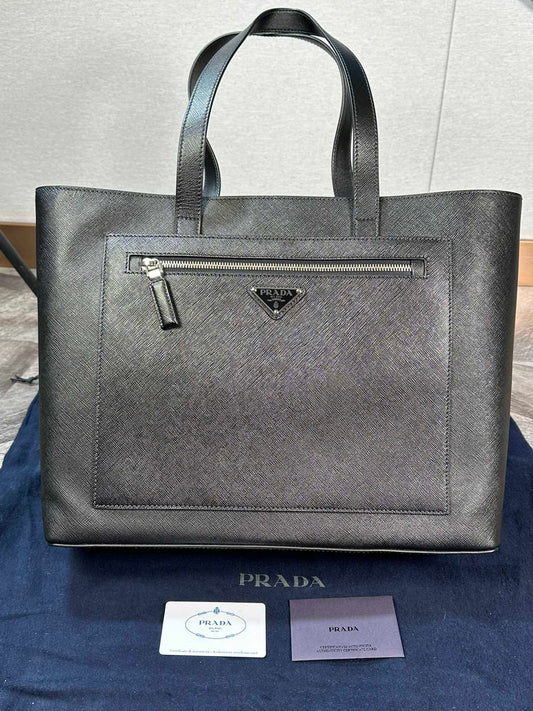 Prada Black Saffiano Leather Triangle Logo Tote Bag