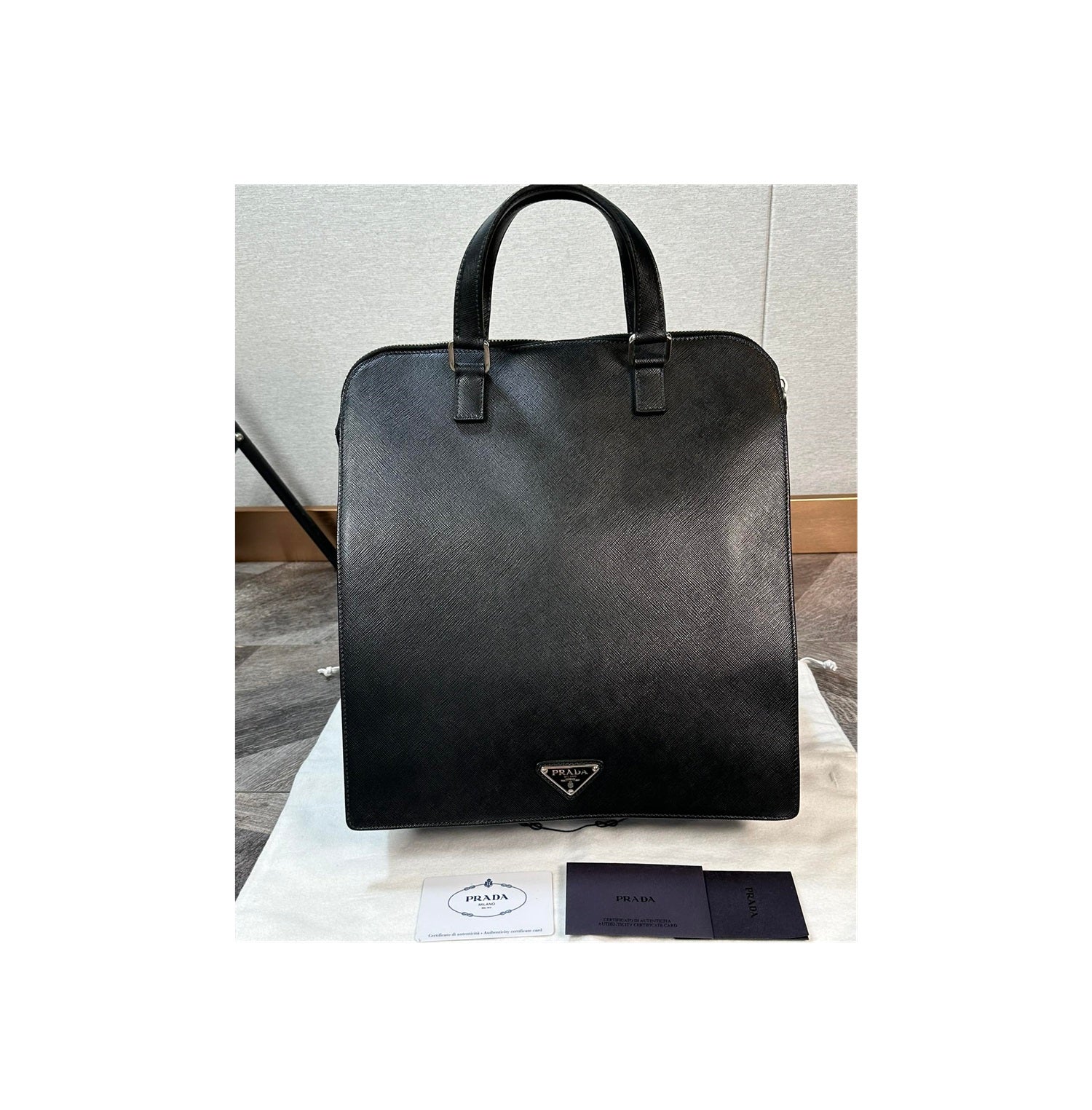 Prada Black Saffiano Leather Triangle Logo Tote Bag Briefcase