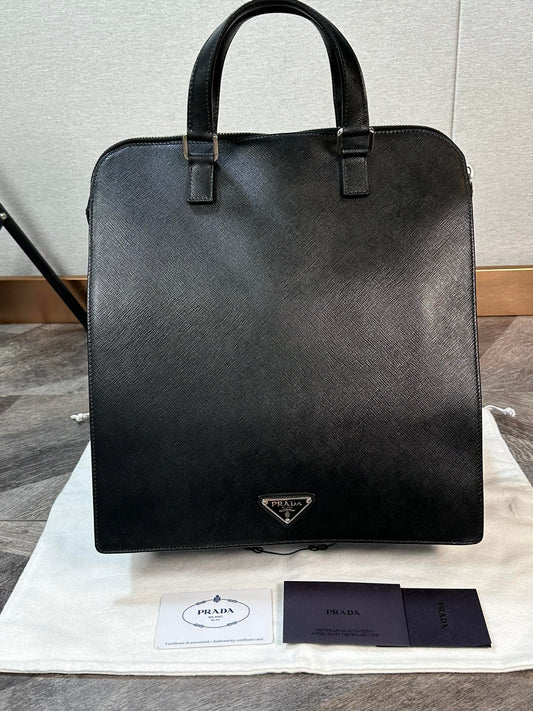 Prada Black Saffiano Leather Triangle Logo Tote Bag Briefcase