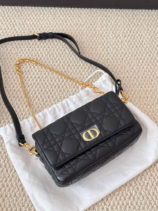 Dior Caro 2WAY Chain Pouch Black Leather Shoulder Bag