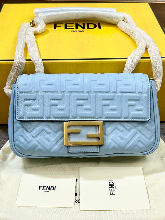 Fendi Baguette Blue Relief FF Shoulder Bag