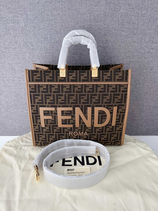 Fendi Sunshine Medium Brown FF jacquard Shopper Tote Bag